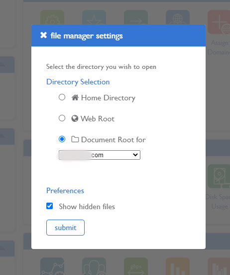 Click the radio button next to "Document Root for" and select the correct domain; Under "Preferences, click the box that says "Show hidden files"